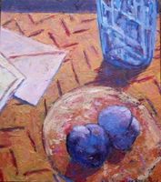 Letter Series, Blue Glass, Two Plums, acrylic on wood