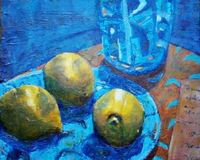 Letter Series, Blue Glass, Two Lemons, acrylic on wood